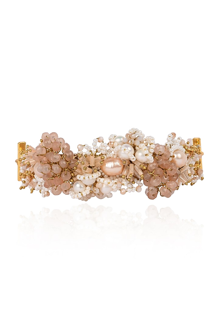 Gold Finish White Pearl & Peach Stone Choker Necklace Set by House of D'oro at Pernia's Pop Up Shop
