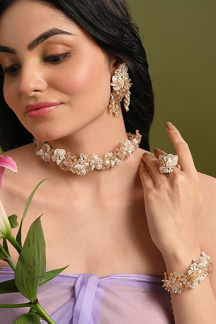 Gold Finish White Pearl & Peach Stone Choker Necklace Set by House of D'oro at Pernia's Pop Up Shop