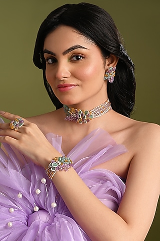 Gold Finish Multi-Colored Stone Choker Necklace Set by House of D'oro