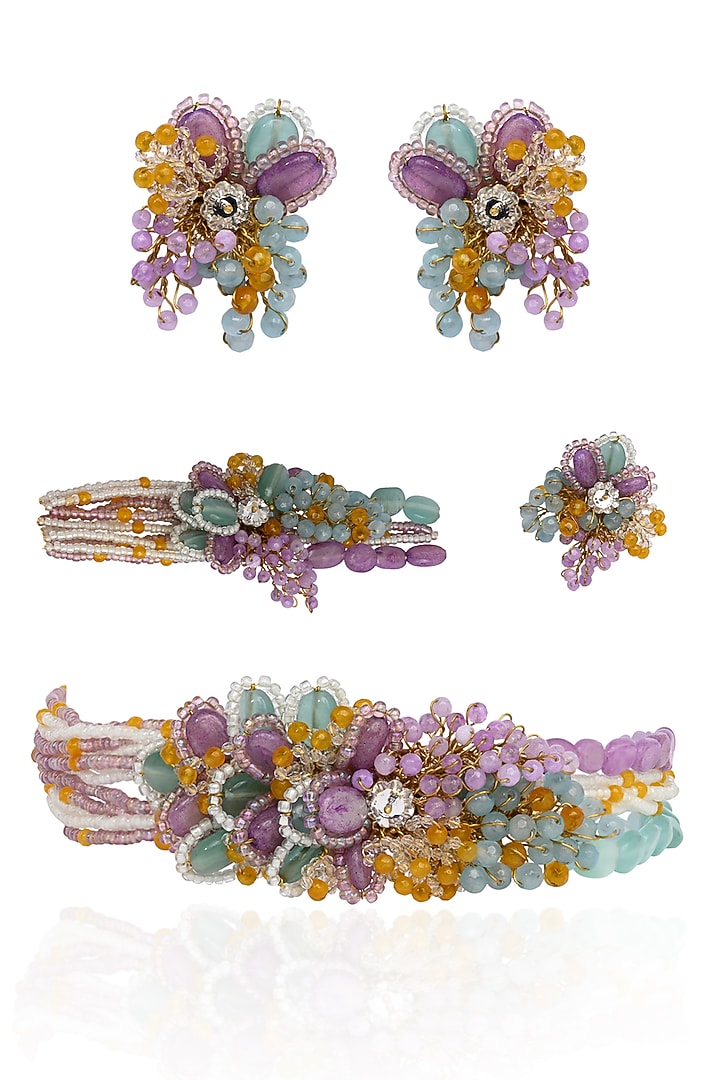 Gold Finish Multi-Colored Stone Choker Necklace Set by House of D'oro at Pernia's Pop Up Shop