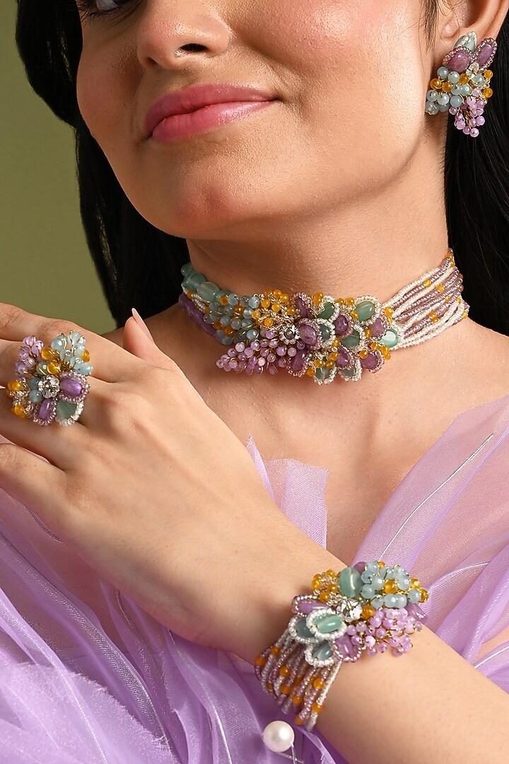 Gold Finish Multi-Colored Stone Choker Necklace Set by House of D'oro at Pernia's Pop Up Shop