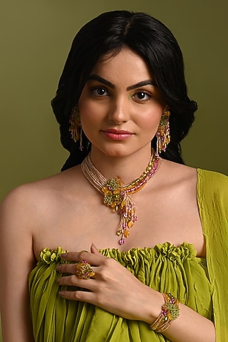 Gold Finish Multi-Colored Stone & Beaded Choker Necklace Set by House of D'oro