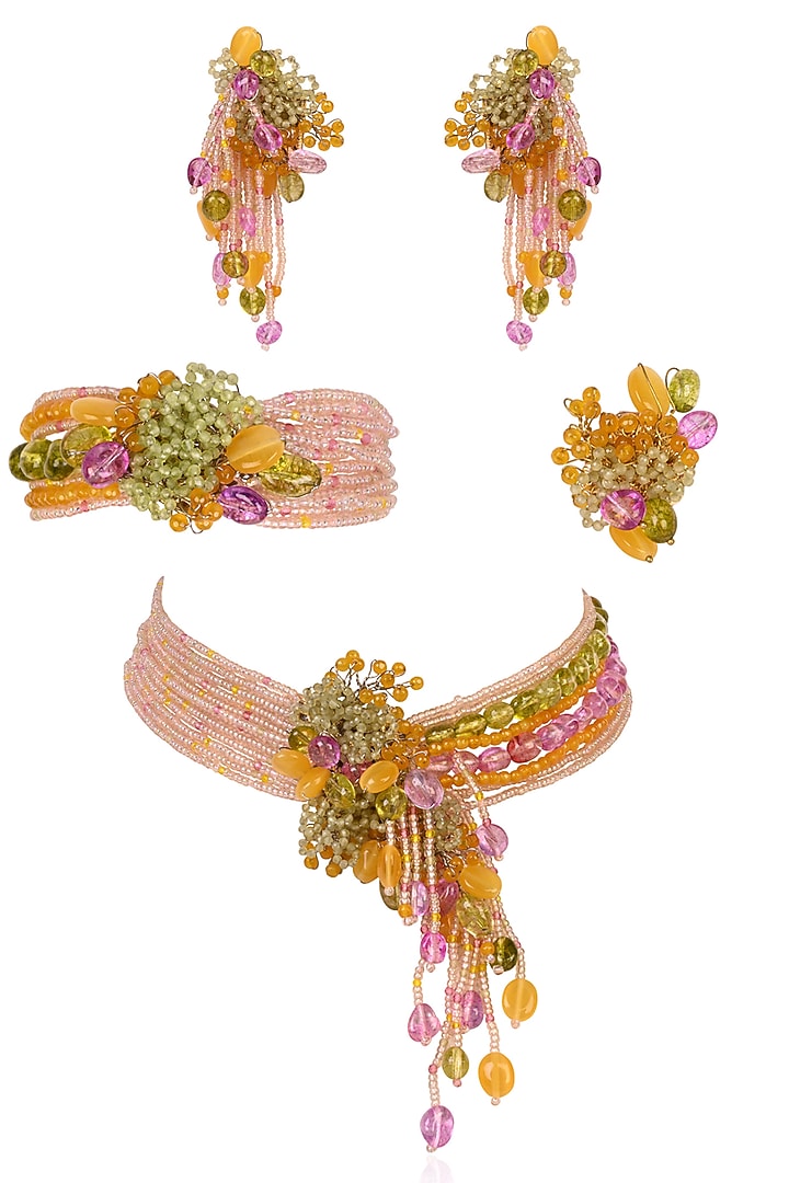 Gold Finish Multi-Colored Stone & Beaded Choker Necklace Set by House of D'oro at Pernia's Pop Up Shop