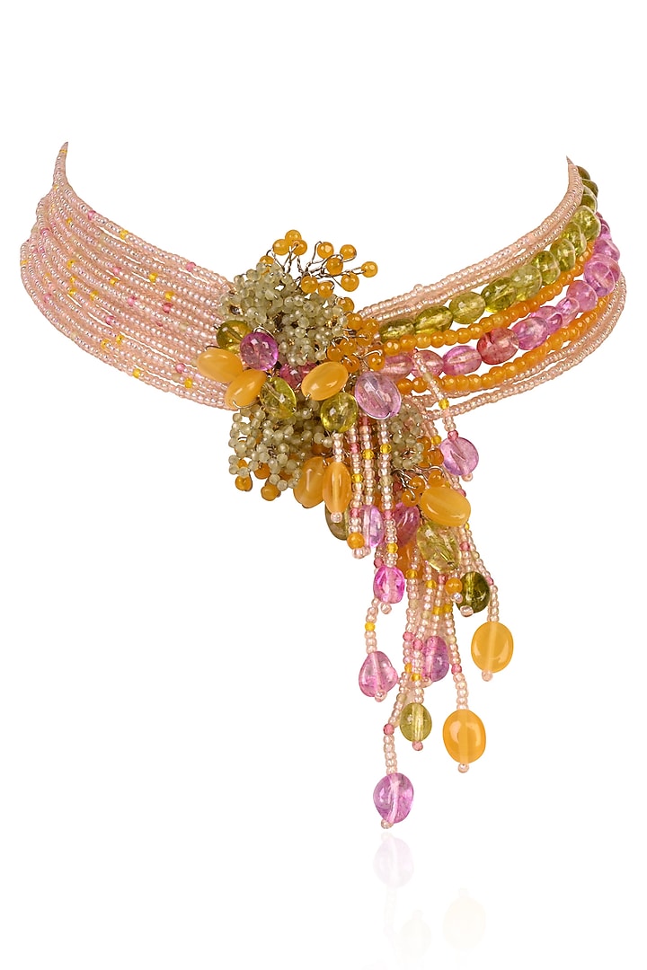 Gold Finish Multi-Colored Stone & Beaded Choker Necklace Set by House of D'oro at Pernia's Pop Up Shop
