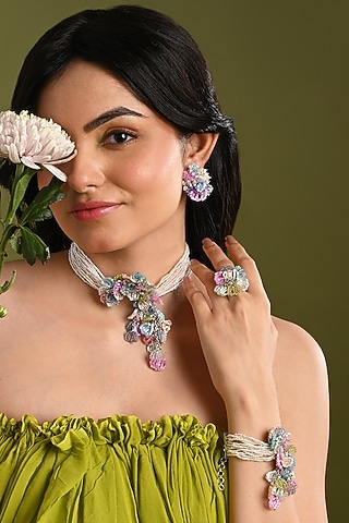 Gold Finish Multi-Colored Pearl & Crystal Choker Necklace Set by House of D'oro