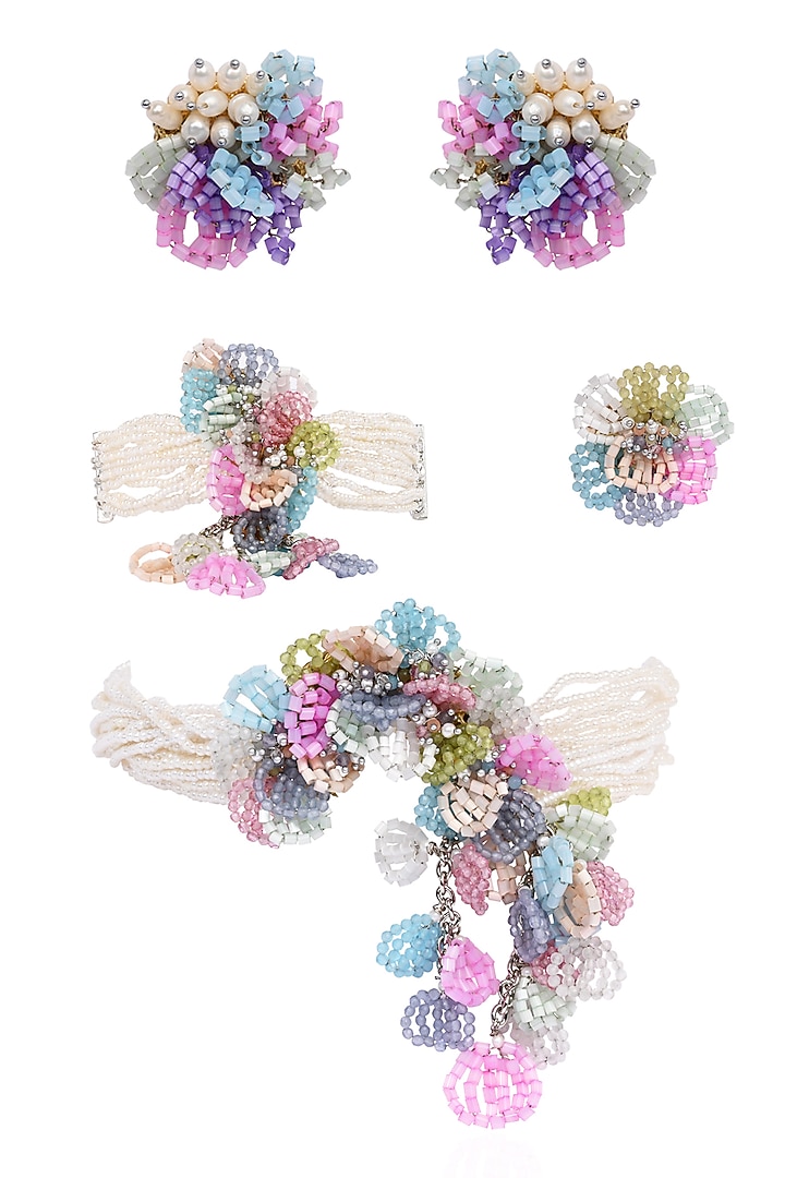 Gold Finish Multi-Colored Pearl & Crystal Choker Necklace Set by House of D'oro at Pernia's Pop Up Shop