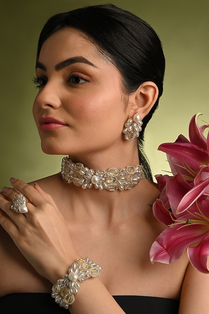 Gold Finish Freshwater Pearl & Stone Choker Necklace Set by House of D'oro at Pernia's Pop Up Shop