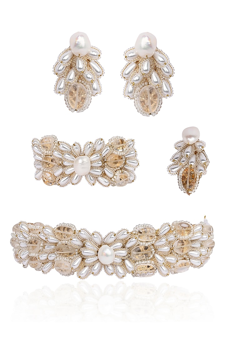 Gold Finish Freshwater Pearl & Stone Choker Necklace Set by House of D'oro at Pernia's Pop Up Shop
