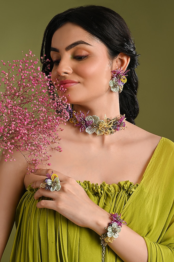 Gold Finish Multi-Colored Crystal Choker Necklace Set by House of D'oro at Pernia's Pop Up Shop