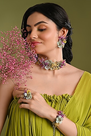 Gold Finish Multi-Colored Crystal Choker Necklace Set by House of D'oro