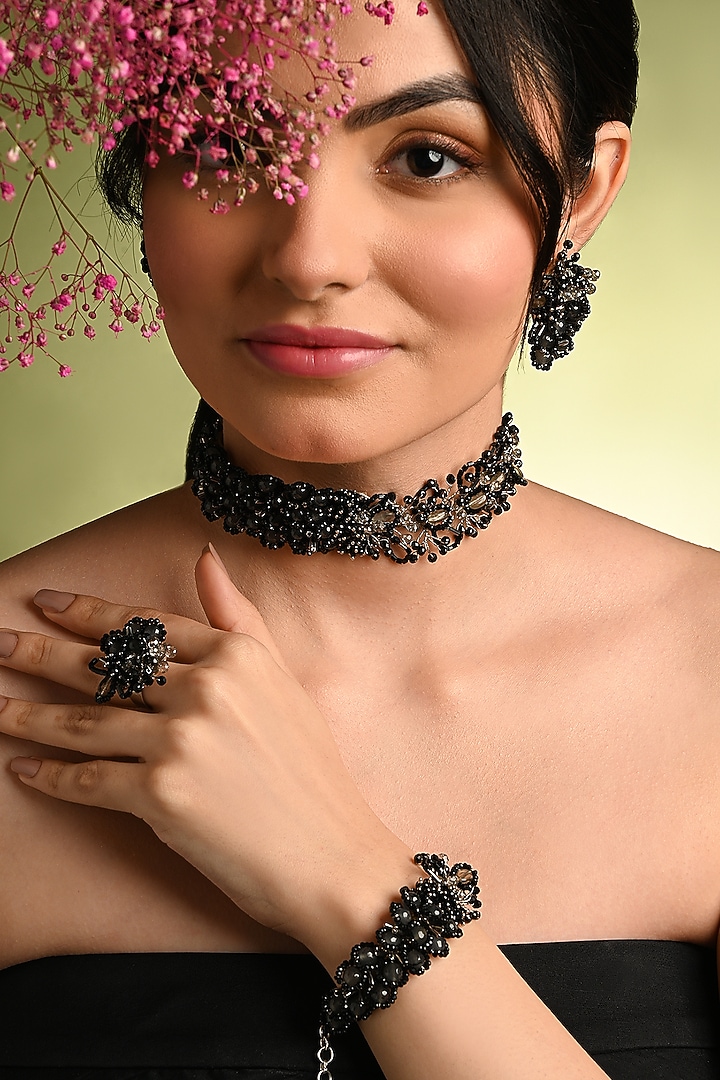 Gold Finish Black Quartz Choker Necklace Set by House of D'oro at Pernia's Pop Up Shop