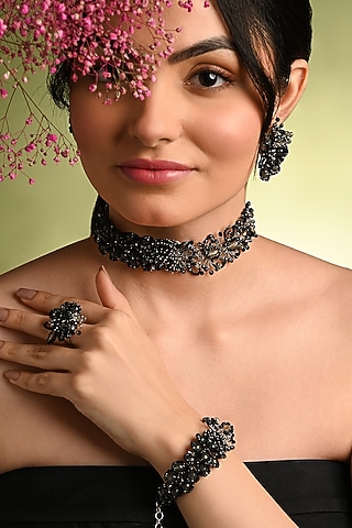 Gold Finish Black Quartz Choker Necklace Set by House of D'oro