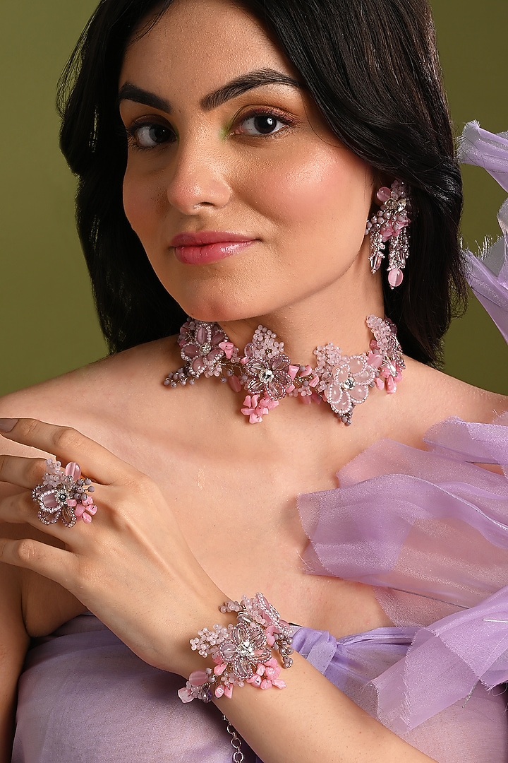 Gold Finish Lilac Monalisa Stone Choker Necklace Set by House of D'oro at Pernia's Pop Up Shop