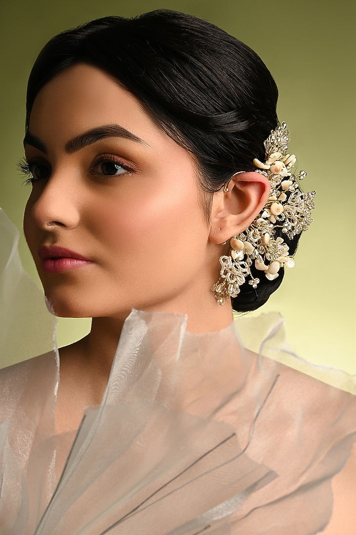 Gold Finish White Mother Of Pearl & Crystal Ear Cuff by House of D'oro at Pernia's Pop Up Shop