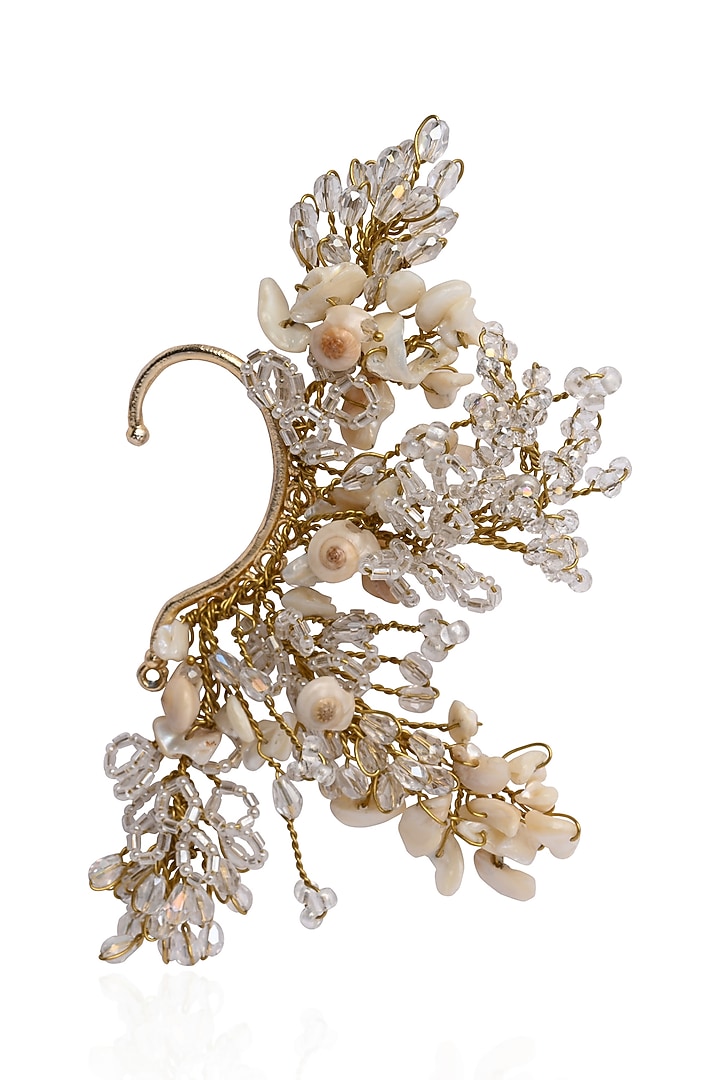 Gold Finish White Mother Of Pearl & Crystal Ear Cuff by House of D'oro at Pernia's Pop Up Shop