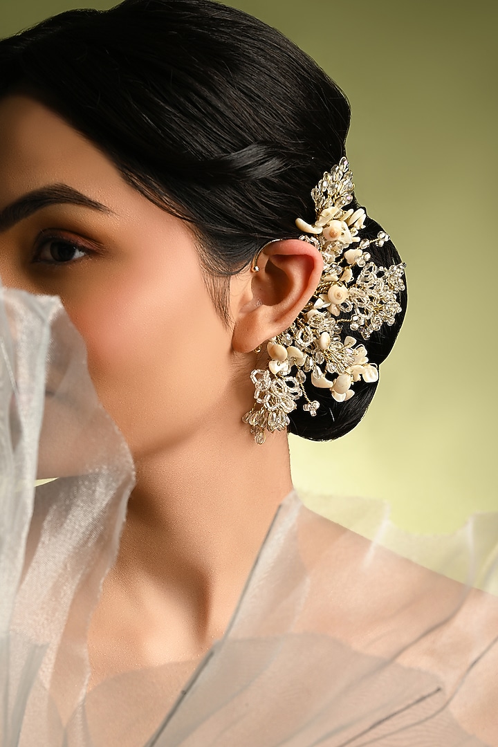 Gold Finish White Mother Of Pearl & Crystal Ear Cuff by House of D'oro at Pernia's Pop Up Shop