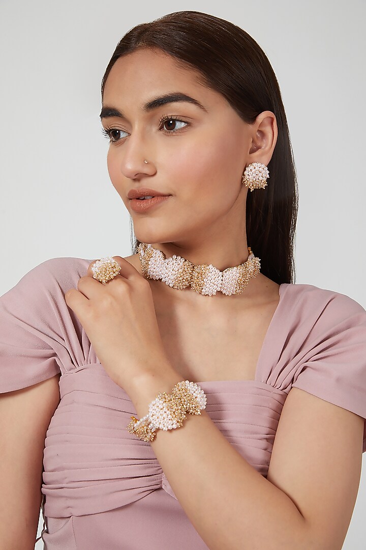 Gold Finish Pearl Choker Necklace Set by House of D'oro at Pernia's Pop Up Shop