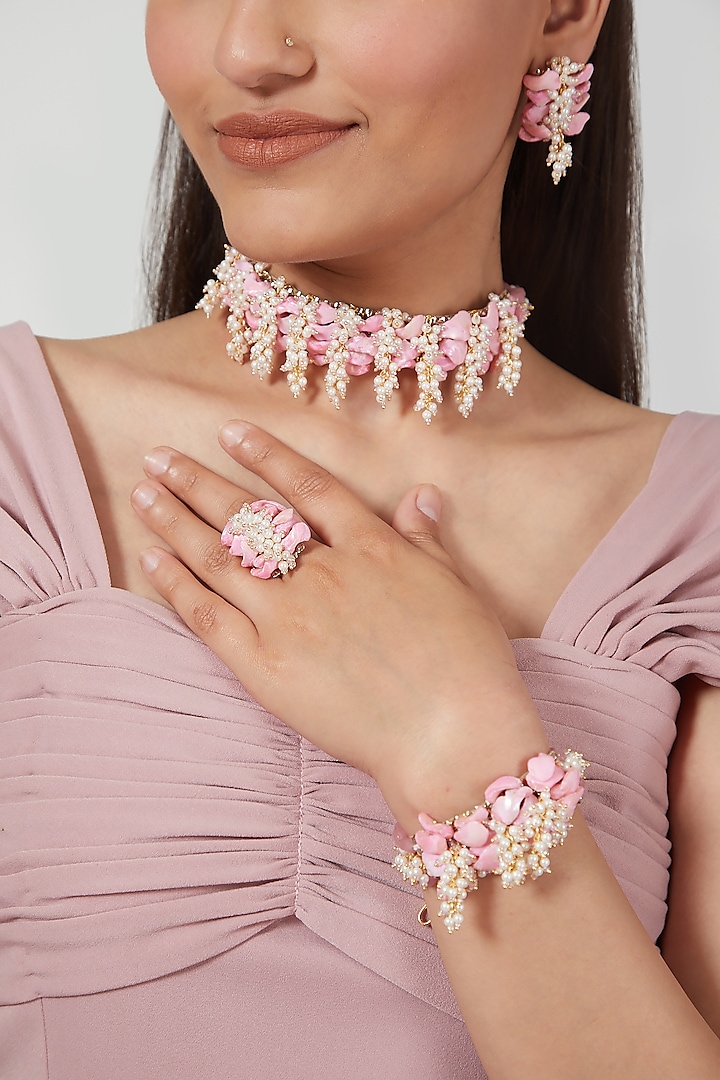 Gold Finish Shell Pearls Choker Necklace Set by House of D'oro at Pernia's Pop Up Shop