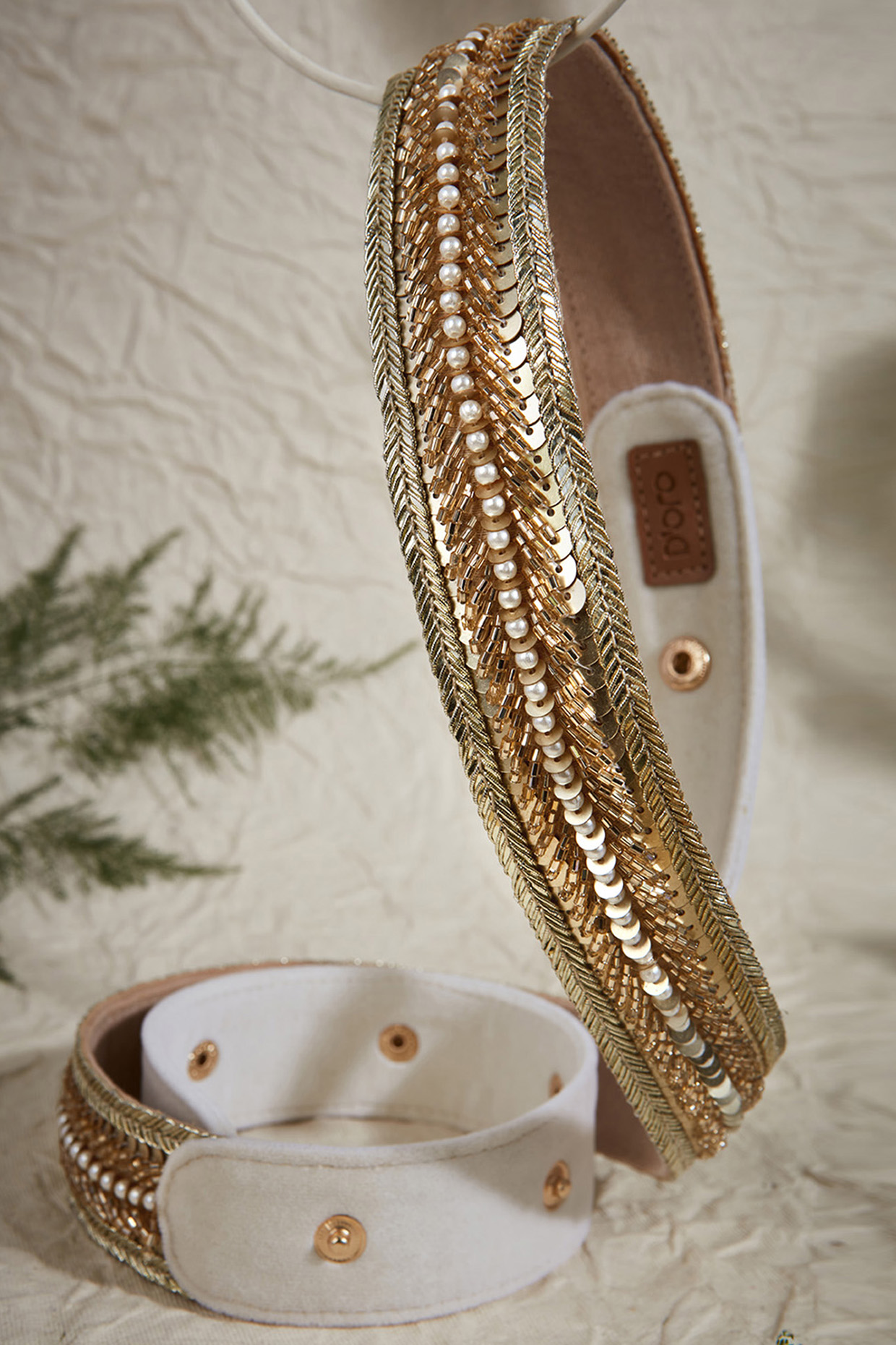 Beige Lace Embroidered Belt by House of D'oro