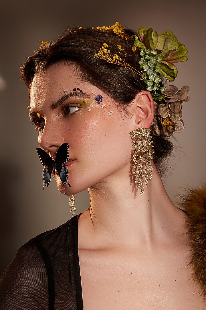 Gold Finish Semi-Precious Stone & Beaded Dangler Earrings by House of D'oro at Pernia's Pop Up Shop