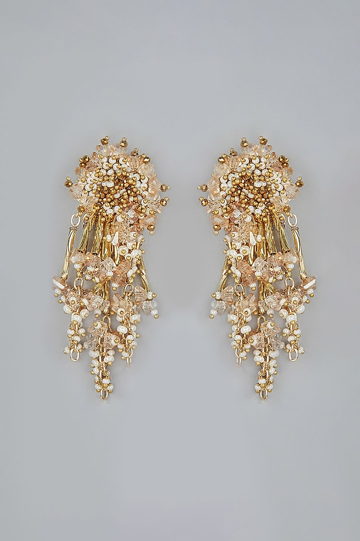 Gold Finish Pink Beaded Stud Earrings by House of D'oro