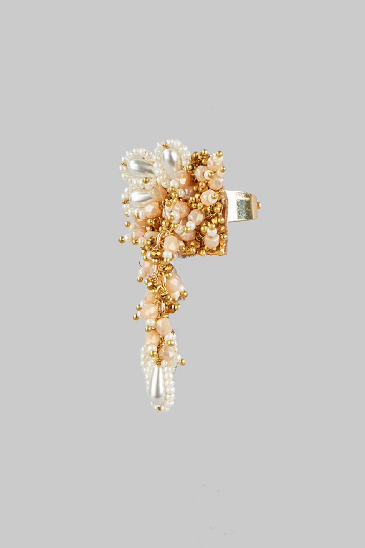 Gold Finish Peach & White Beaded Ring by House of D'oro