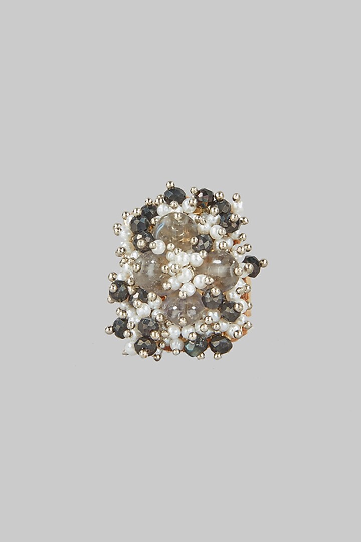 Gold Finish Black Beaded Ring by House of D'oro
