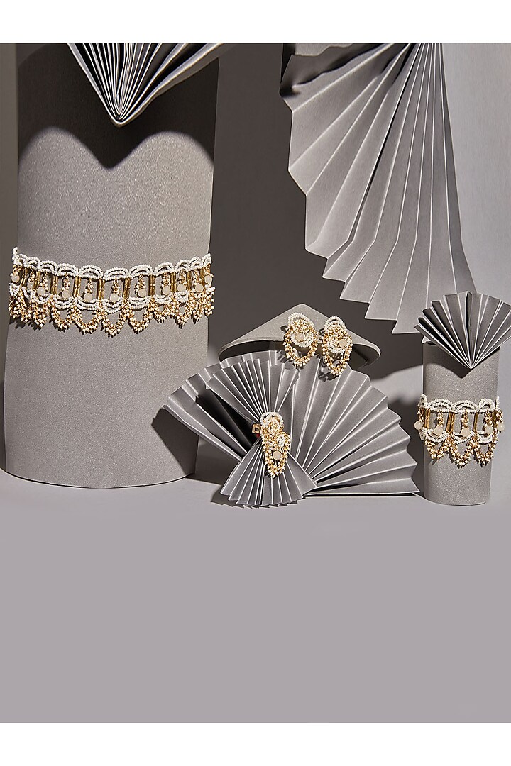 Gold Finish Pearl Choker Necklace Set by House of D'oro