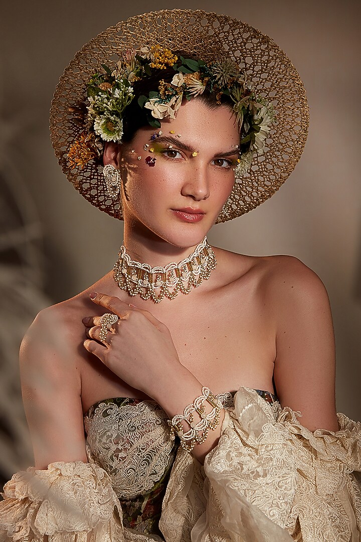 Gold Finish Pearl Choker Necklace Set by House of D'oro at Pernia's Pop Up Shop