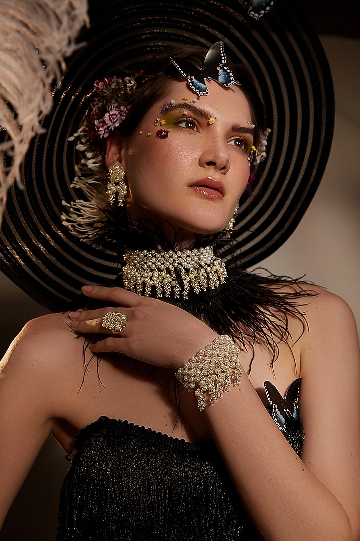 Gold Finish Pearl Choker Necklace Set by House of D'oro at Pernia's Pop Up Shop