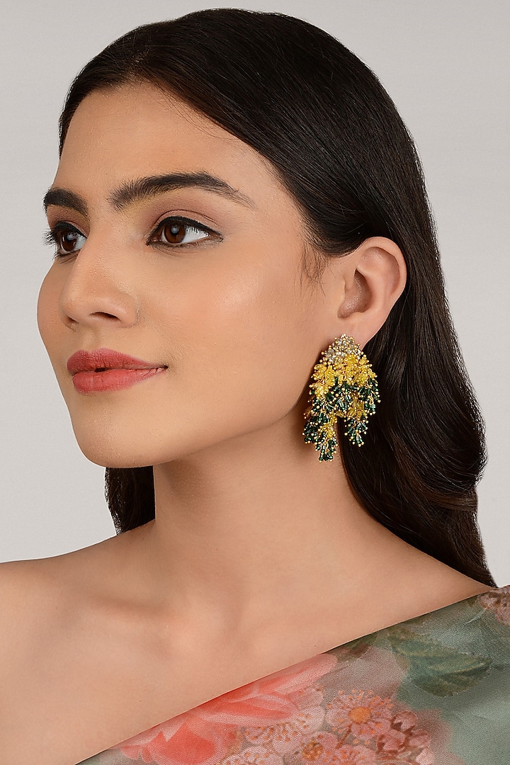 Gold Finish Green & Gold Glass Beaded Dangler Earrings by House of D'oro