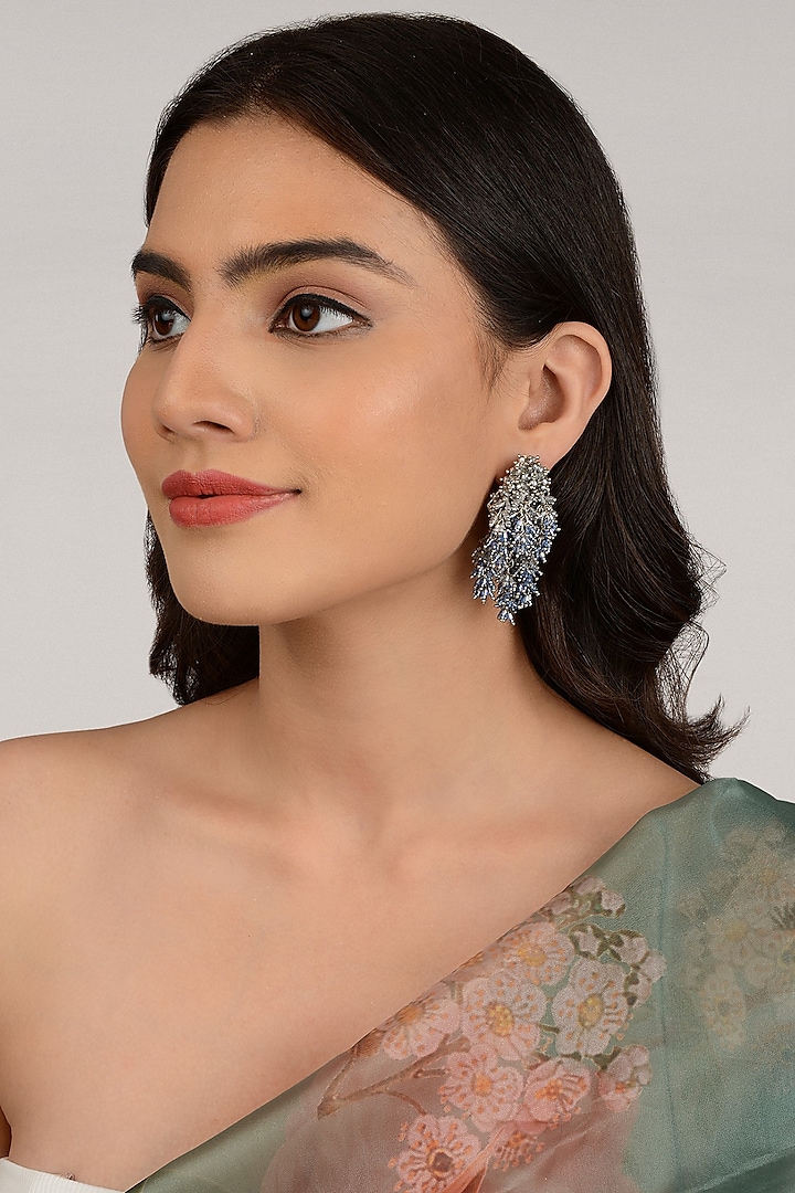 Gold Finish Grey & Blue Tasseled Earrings by House of D'oro