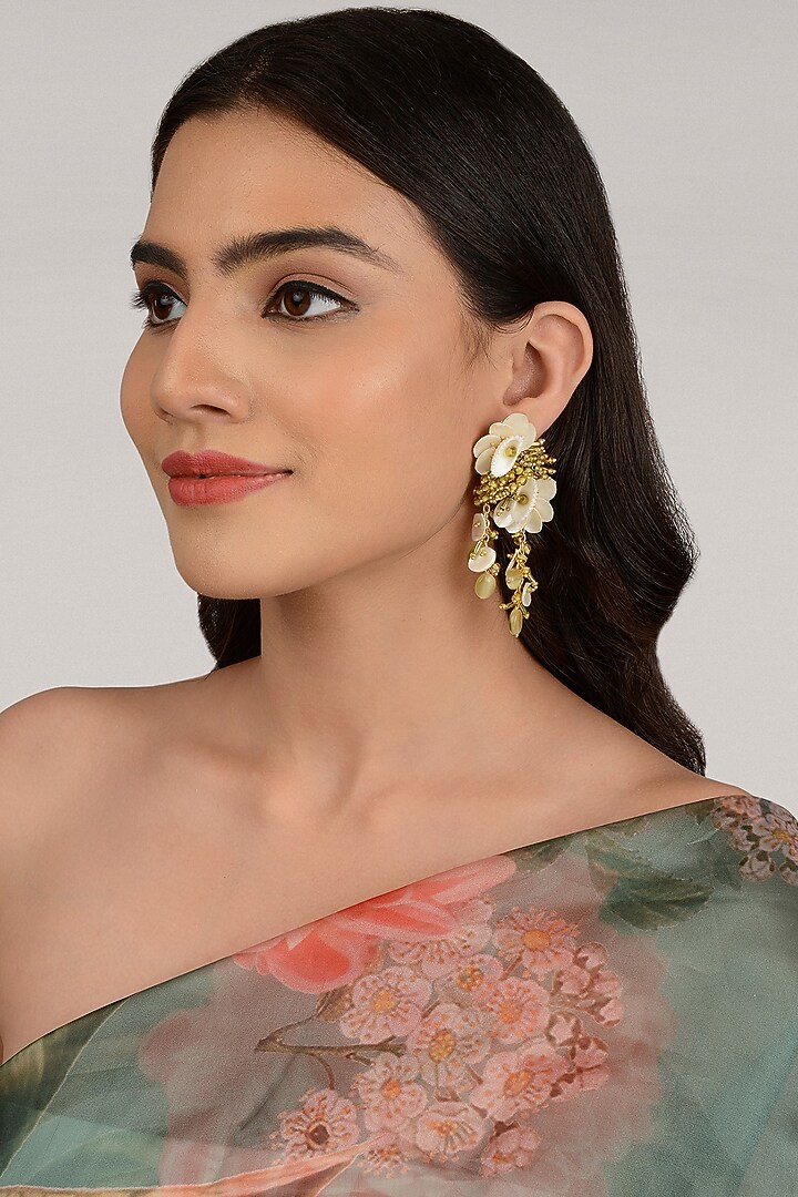 Gold Finish Light Olive Crystal Dangler Earrings by House of D'oro at Pernia's Pop Up Shop