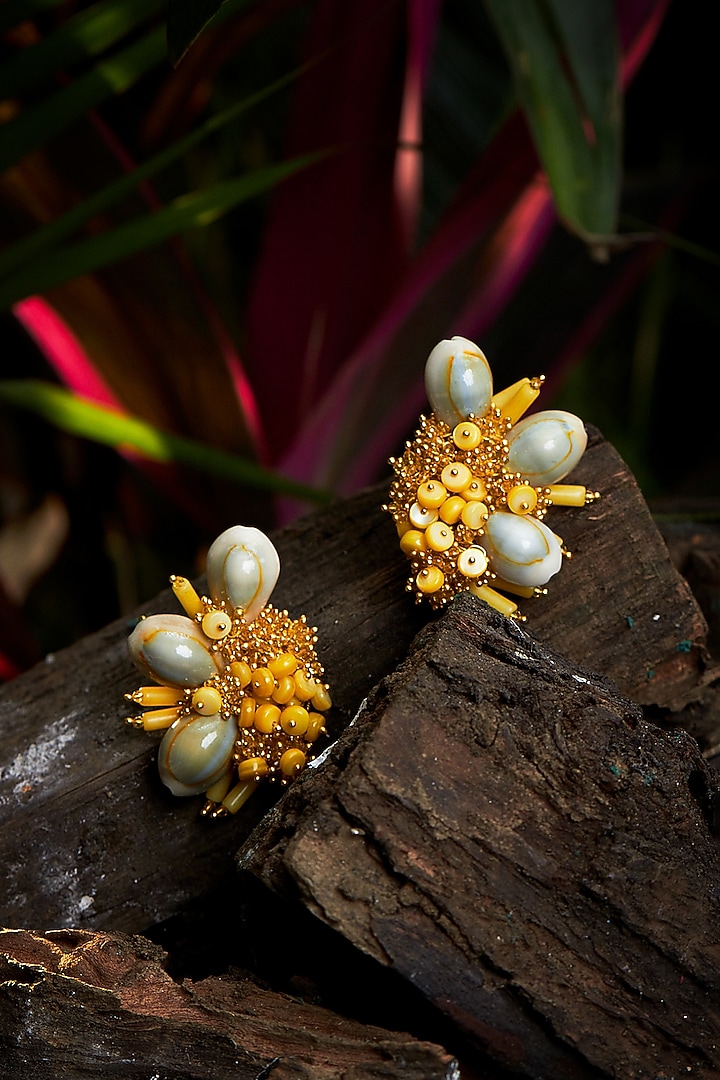 Beige Shell Handcrafted Stud Earrings by House of D'oro at Pernia's Pop Up Shop