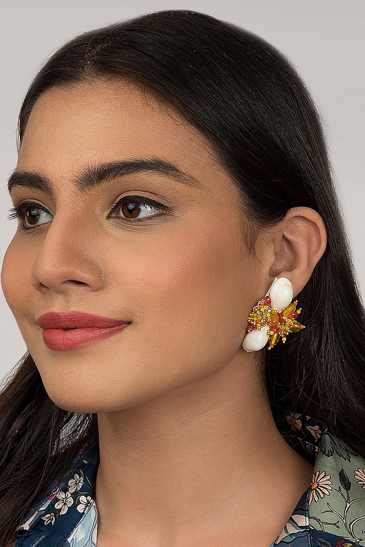 Yellow Beaded Stud Earrings by House of D'oro at Pernia's Pop Up Shop