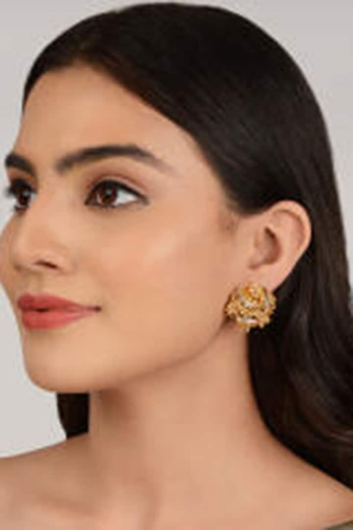 Beige Handcrafted Crystal Stud Earrings by House of D'oro