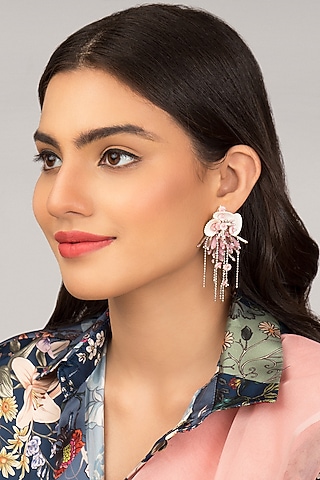 Lilac Beaded & Shells Stud Earrings by House of D'oro