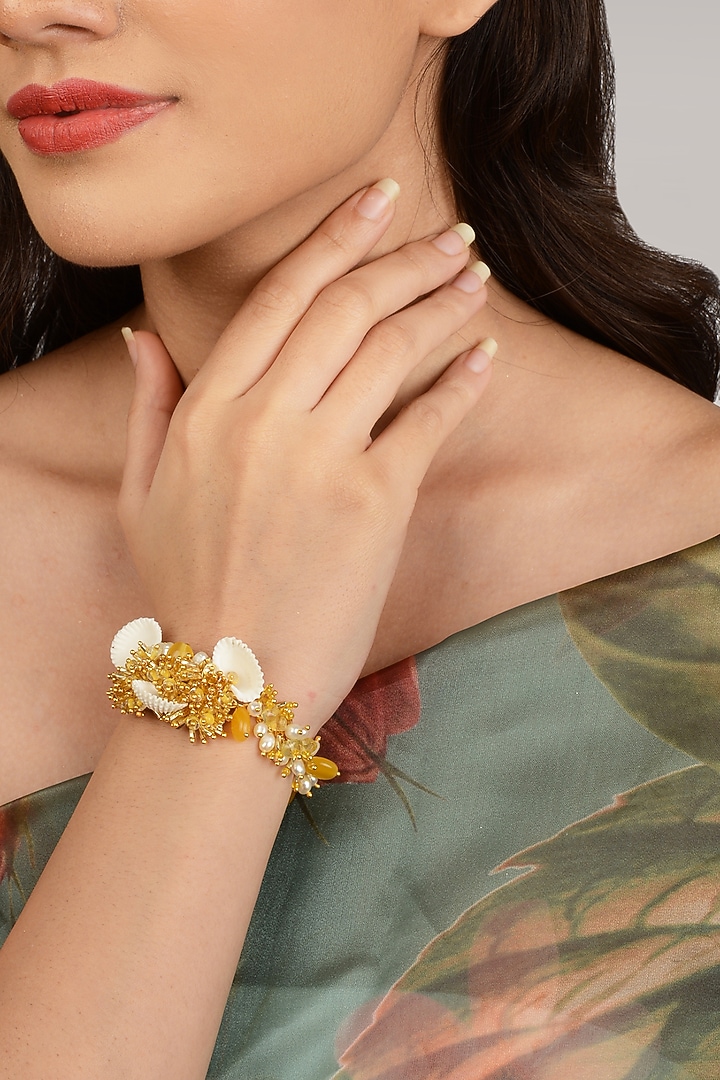 Gold Finish Yellow Cluster Beaded Bracelet by House of D'oro at Pernia's Pop Up Shop