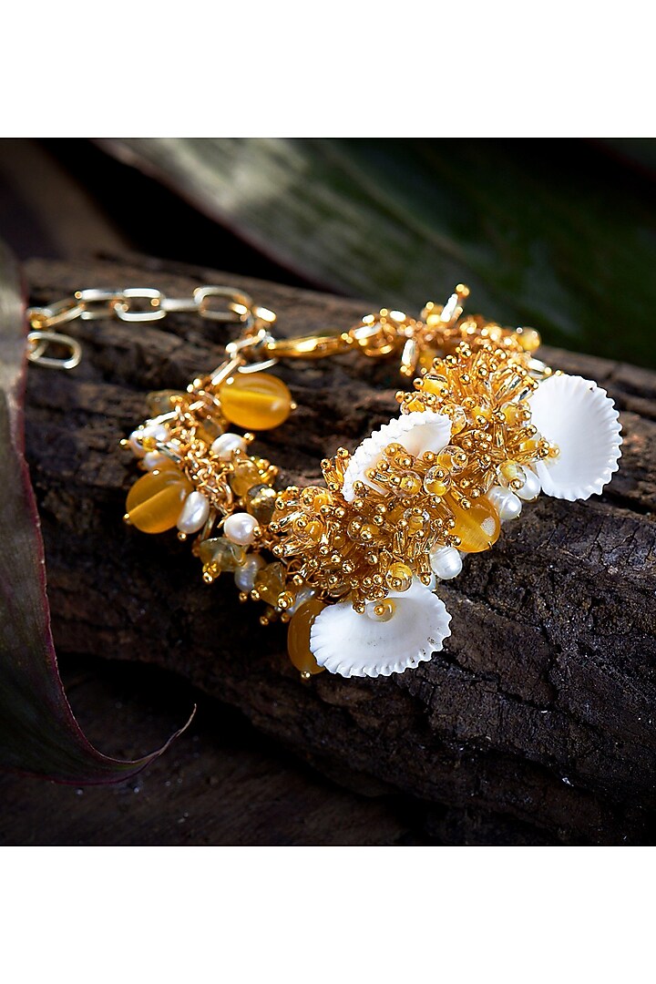 Gold Finish Yellow Cluster Beaded Bracelet by House of D'oro at Pernia's Pop Up Shop