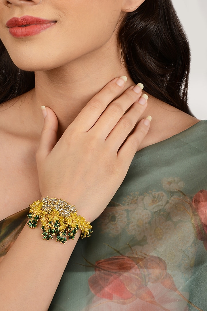 Gold Finish Yellow & Green Beaded Bracelet by House of D'oro at Pernia's Pop Up Shop