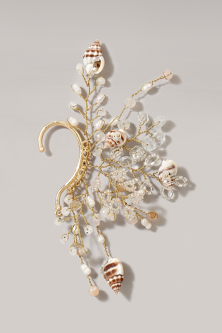 Gold Finish White Beaded Ear Cuff by D'Oro