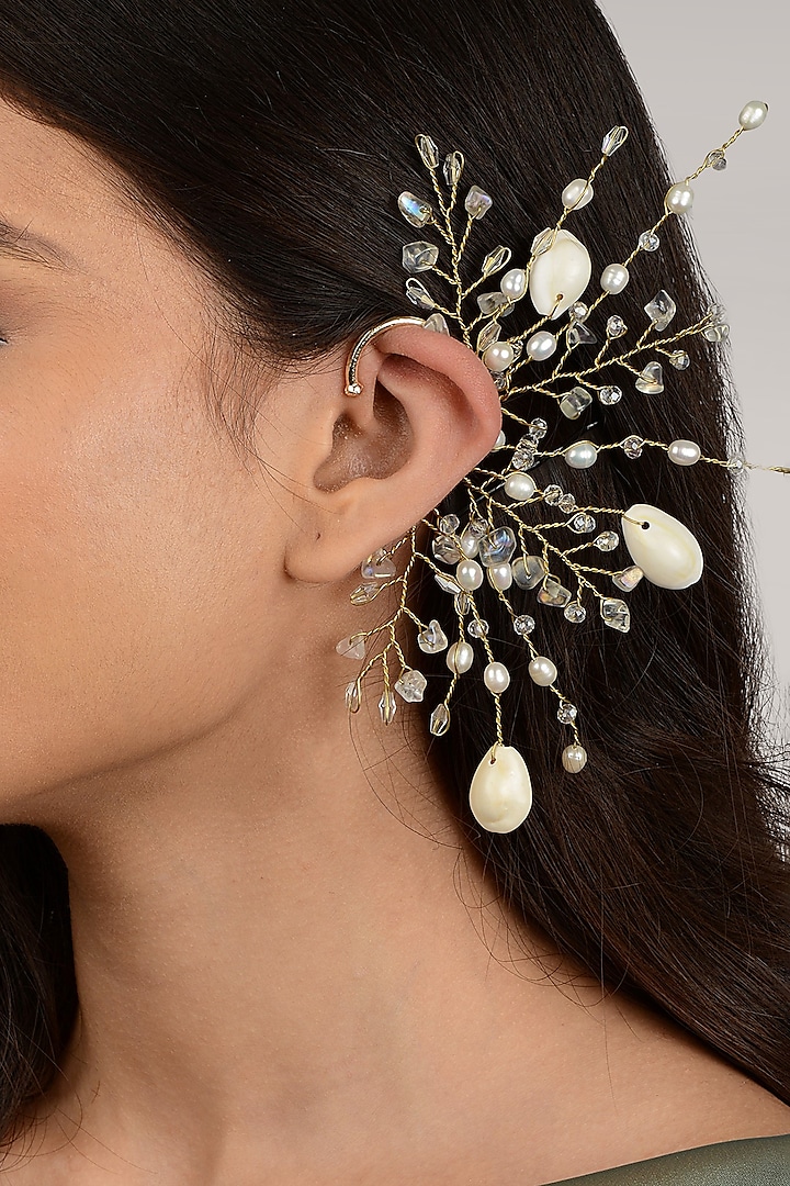Gold Finish White Crystal Beaded Ear Cuff by House of D'oro