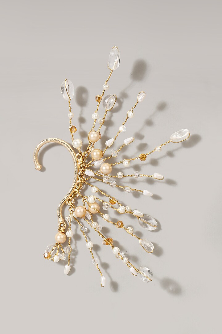 Gold Finish Pearl White Crystal Beaded Ear Cuff by D'Oro