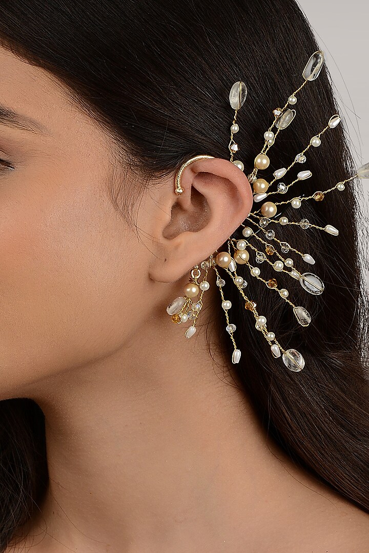 Gold Finish Pearl White Crystal Beaded Ear Cuff by House of D'oro