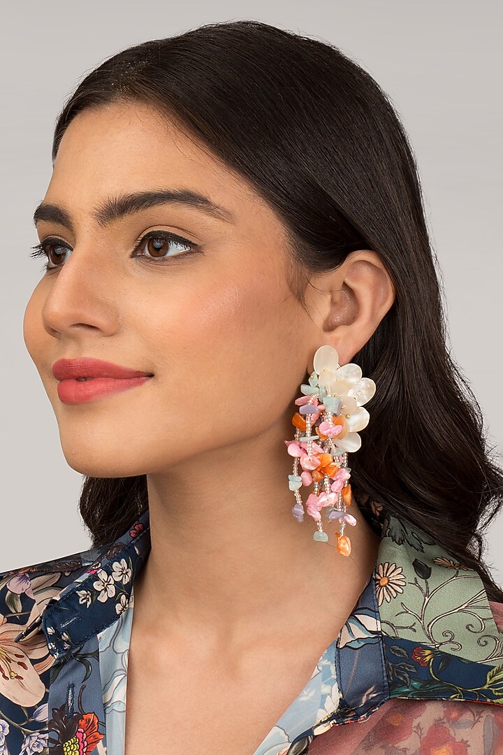 Gold Finish Multi-Colored Beaded & Stone Dangler Earrings by House of D'oro at Pernia's Pop Up Shop