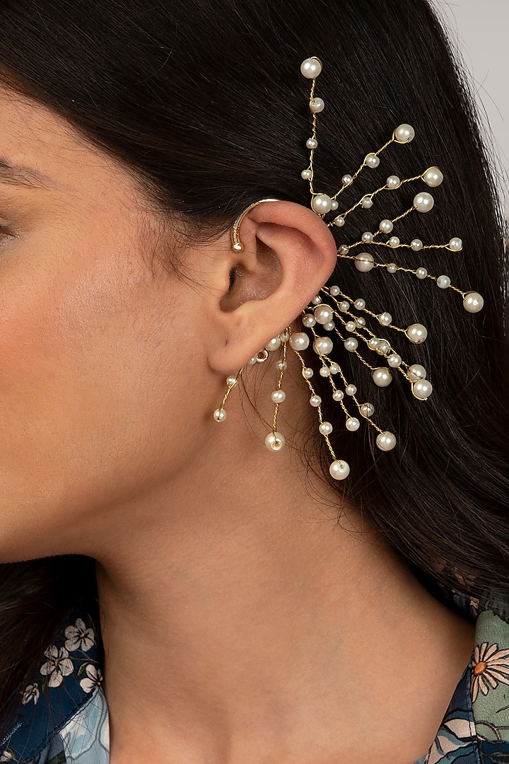 Gold Finish Pearl White Beaded Ear Cuff by House of D'oro