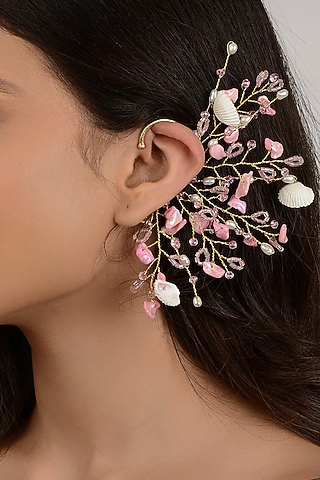 Gold Finish Pink Stone Ear Cuff by House of D'oro