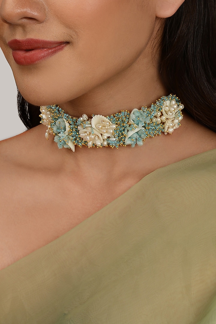 Turquoise Beaded & Shell Stone Choker Necklace by House of D'oro