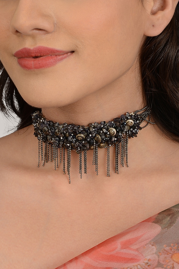 Black Semi Precious Beaded Choker Necklace by House of D'oro at Pernia's Pop Up Shop