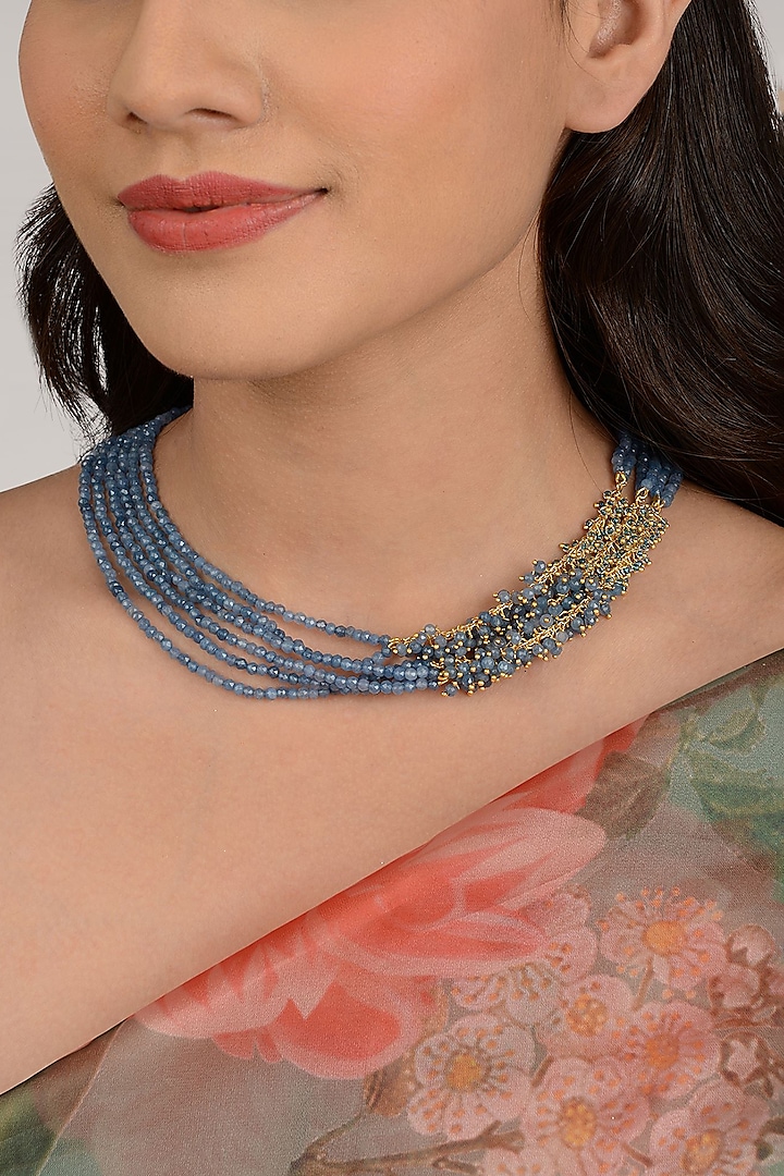 Blue Glass & Crystal Beads Necklace by House of D'oro